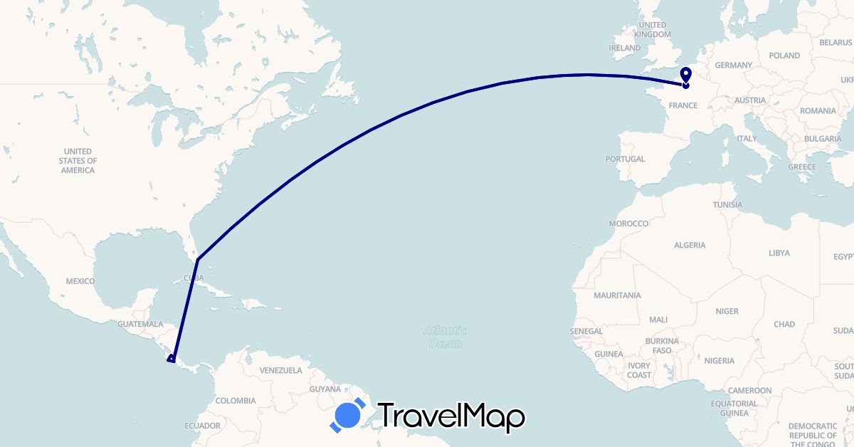 TravelMap itinerary: driving in Costa Rica, France, United States (Europe, North America)